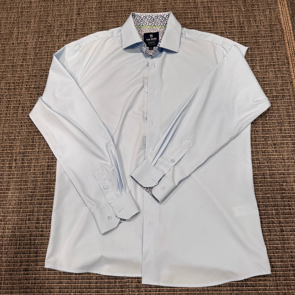 Tom Baine Performance Slim Fit Blue Long-Sleeve Dress Shirt Wrinkle Free